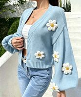 Kardigan Rajut Bunga 3D Buatan Tangan Wanita, Kerah V Lengan Panjang, Model Crop Terbuka di Depan, Jaket Sweater