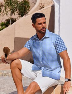 Men's <b>Blue</b> Plaid Short Sleeve Stand Collar Button Shirts Breathable Casual Summer Beach Vacation <b>Gingham</b> Check Polyester/Cotton - Product Image 4