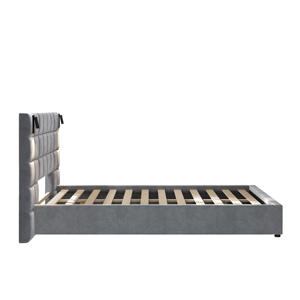 Cadre de lit capitonné réglable de luxe moderne taille Queen avec tête de lit en velours, port USB, applique murale lumineuse, cadre en bois de chêne - Product Image 5