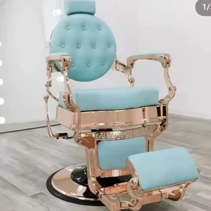 Sillón de Barbería Estilo Antiguo 20256, Tapizado en Cuero Negro y Dorado, con Bomba Hidráulica y Base Redonda, para Peluquería - Product Image 6