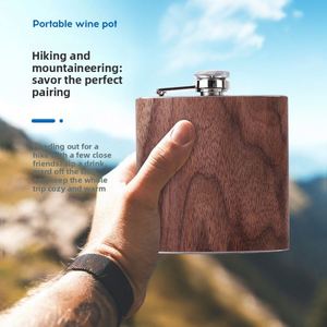 Custom Logo 6oz Stainless Steel Hip Flask Wood Grain <b>Wrap</b> Whiskey Bottle Portable Metal Pocket Liquor Flask for Business Gift - Product Image 6
