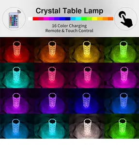 Lampu meja kristal mawar LED 16 warna RGB, kontrol sentuh lampu meja kristal mawar isi ulang daya