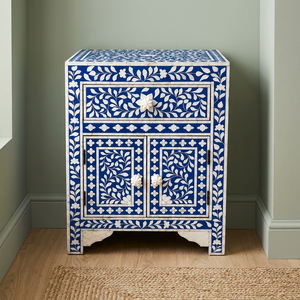 Blue Bone Inlay Wooden Cabinet Floral Pattern <b>Rectangle</b> Storage <b>Side</b> <b>Table</b> Drawer Door Unit Modern Design Customized Thickness - Product Image 2