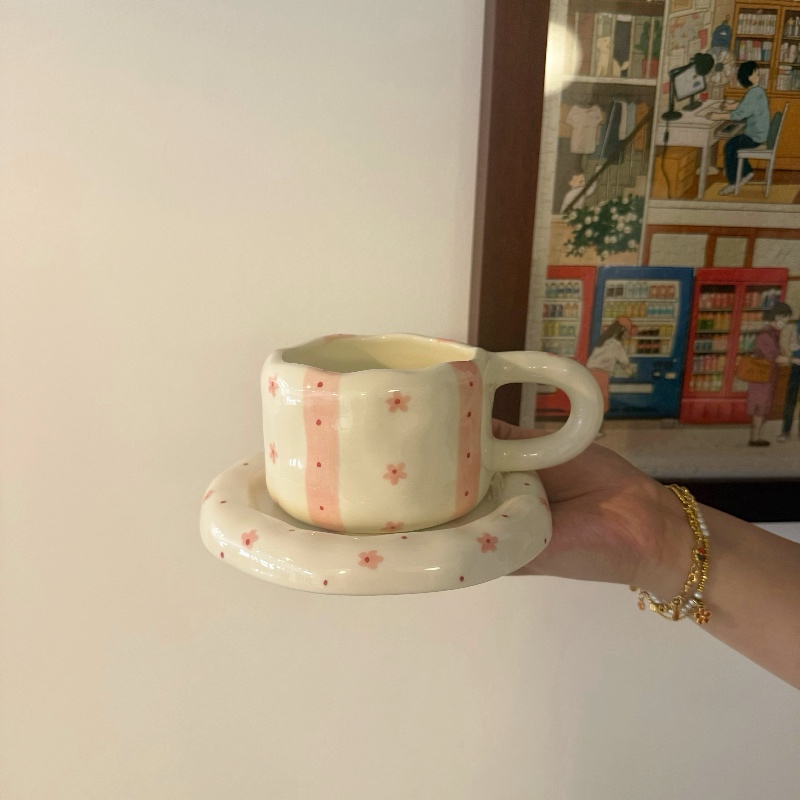 White-Small floral dots line 320ml cup 15.5cm dish