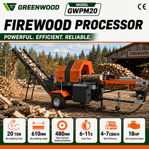 GWPM20, processeur de bois de chauffage <span class=keywords><strong>hydraulique</strong></span> de 20 <span class=keywords><strong>tonnes</strong></span>, coupe-bois à essence de 18 CV avec convoyeur - Product Image 1
