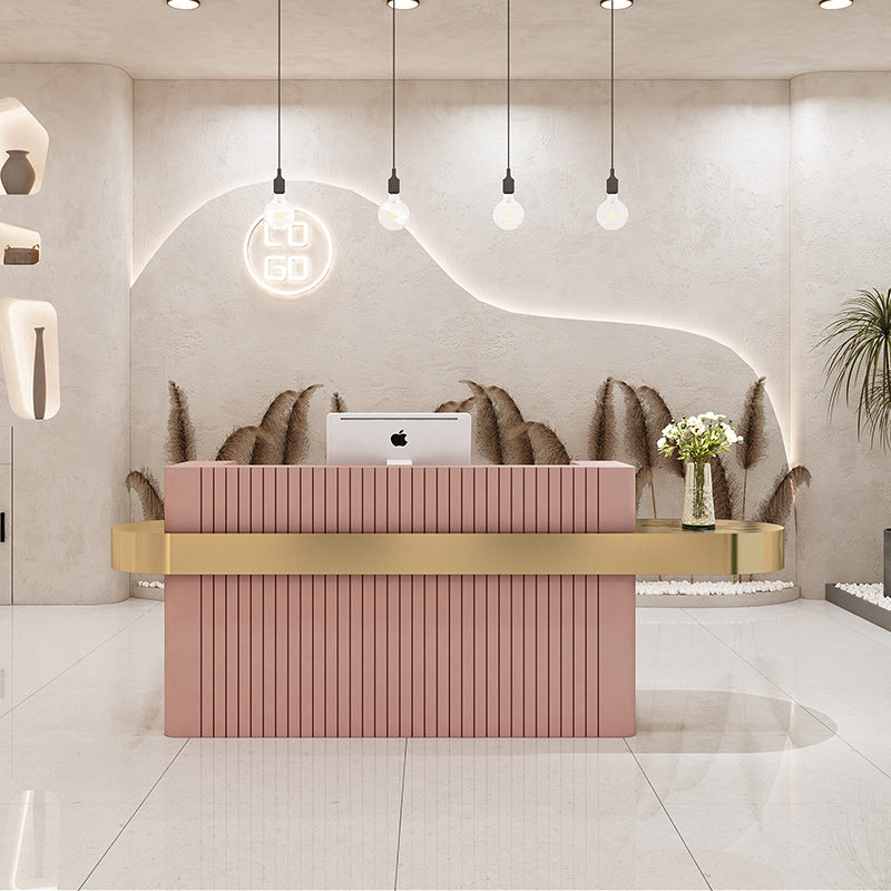 Moderne Luxe Roze Schoonheidssalon Spa Houten Receptie Gold Roestvrij Stalen Frame Receptie Receptie Teller