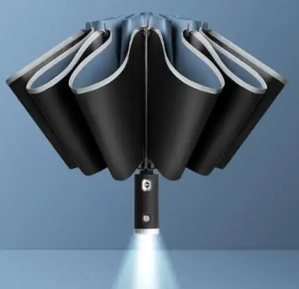 Automatische Open Sluiting Omgekeerde Led Paraplu Met Reflecterende Strip 3-opvouwbare Zakelijke Omgekeerde Paraplu Met Licht