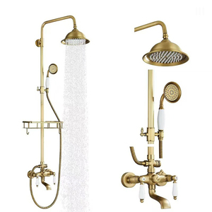 Colonne <span class=keywords><strong>de</strong></span> douche extérieure <span class=keywords><strong>de</strong></span> luxe en laiton brossé, design européen, avec mitigeur mural à double poignée, jets pluie et doux, pour appartement - Product Image 2