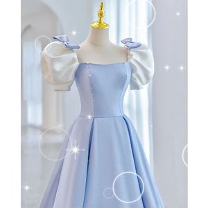 Blue Ball Gown Square Neck Satin Prom Dress Sky Blue Adult Size X072 Contrast Color Elegant Evening Wear - Product Image 1