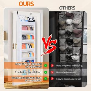 ที่เก็บหมวกแบบติดประตู 7 ชั้น 33x15x85 ซม. ป้องกันฝุ่นพร้อมตะขอสำหรับหมวกด้านหลังประตู ที่เก็บของติดผนัง สีขาว - Product Image 4