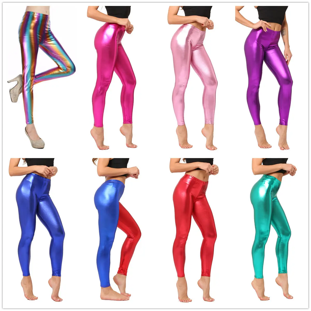 2022 High Waist Shiny Wet Liquid Look PU Faux Leather Metallic Stretchy Leggings Sexy Dance Pants Disco Leggins