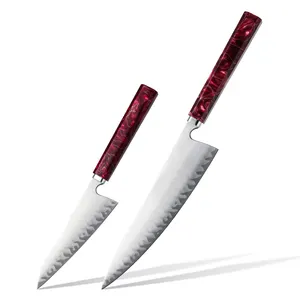 Set pisau Garasuki koki dapur besi tahan karat karbon tinggi berlapis 5 lapis buatan tangan Premium dengan pegangan kain Resin merah