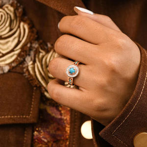 Rose <b>Gold</b> <b>Turquoise</b> <b>Ring</b> With Diamond Halo Geometric Design Women's Engagement Gemstone <b>Ring</b> T0874 - Product Image 6