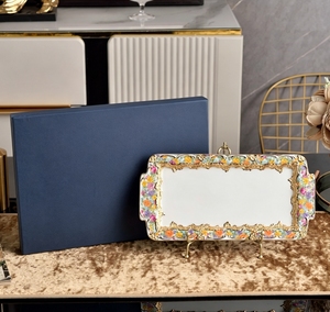 Luxury Floral <b>Gold</b> Embossed Bone China <b>Serving</b> <b>Tray</b> Baroque Style Rectangular Platter With Handles - Product Image 1