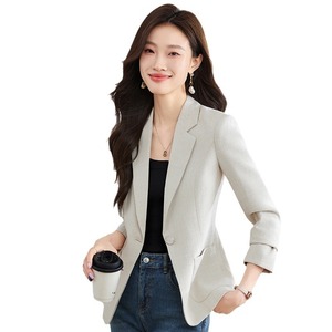 Women's Casual Blazer Gray Solid Color Polyester Worsted Anti-Wrinkle Spring Autumn 2024 Short Fit High-End Feel - Product Image 5
