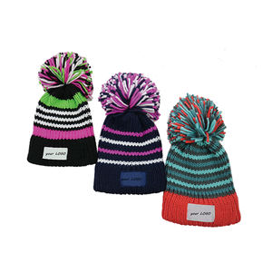 Bonnet de ski <span class=keywords><strong>d</strong></span>'hiver en tricot rayé en laine islandaise personnalisé avec pompon arc-en-ciel, grand bonnet à pompon en crochet avec logo personnalisé - Product Image 1