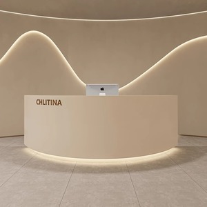 Petit comptoir de réception Institut de luxe Spa commercial <span class=keywords><strong>Banque</strong></span> incurvée Comptoir de réception de bureau en bois avec mur arrière - Product Image 2