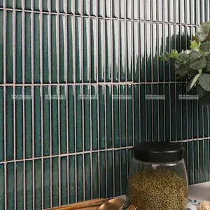 Dinding Pancuran Kamar Mandi Modern Premium 15X145Mm Porselen Tumpuk Mengkilap Ubin Mosaik Jari Hijau Gelap Dekoratif