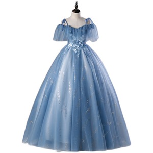 Blue Off The Shoulder Evening Gown With Floral Print Empire Waist Long Tulle Dress For Banquets And Performances - Product Image 5