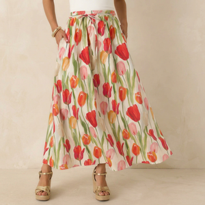 Women's Floral Tulip Print A-Line Maxi <b>Skirt</b> Elastic Waist <b>Chiffon</b> Bohemian Spring Style Ankle-Length Soft Fabric - Product Image 1