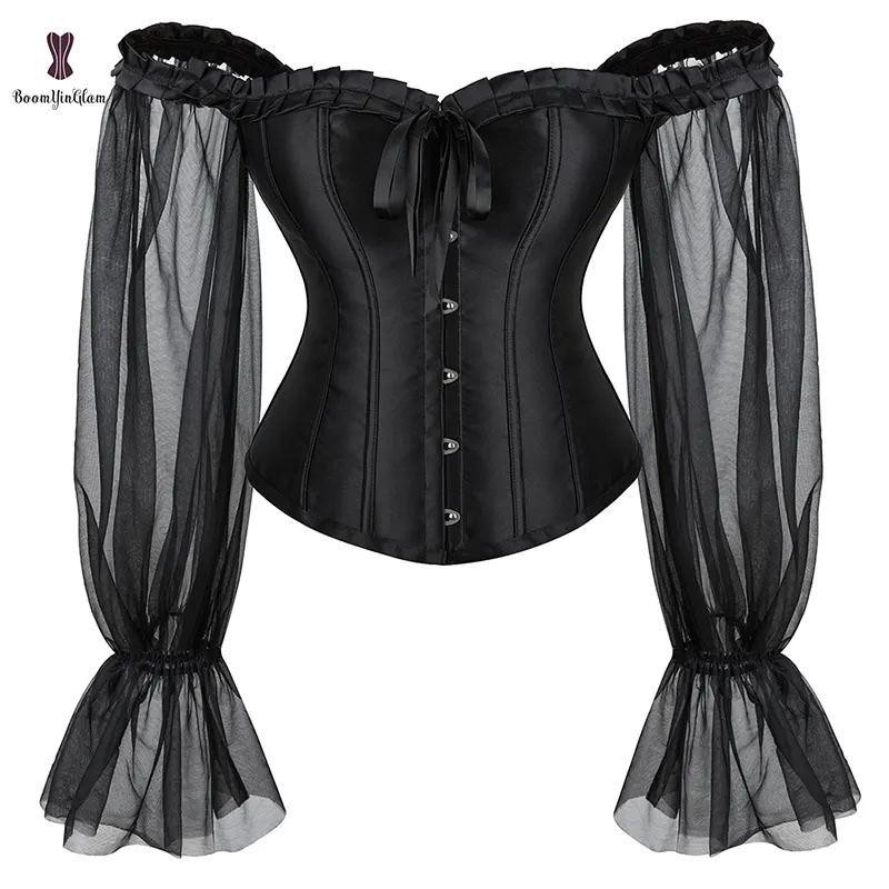 Big Size Large Stock 2022 Burlesque Gothic Korset Black Bodices Lace Up Ruffled Boned Women Corset Top With Sleeves