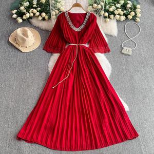 Vestido de Noche de Lujo con Pedrería y Cuello en V para Mujer, <span class=keywords><strong>Maxi</strong></span> de Encaje con Falda Acampanada y Lazo en la Cintura para Eventos Formales - Product Image 2