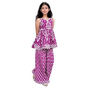 Girls Sleeveless <b>Indian</b> Pakistani Set Printed Chiffon <b>Top</b> and Palazzo Pants Formal Party Outfit - Product Image 1