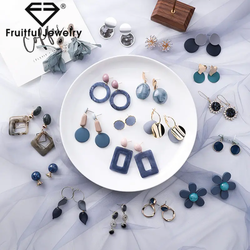 Korean Fashion Blue Grey Earrings female geometric Earrings New personality simple temperament jewelry factory mix wholesale