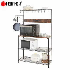 Height Adjustable Bread Coffee Bar Station 4 Tier S Steel Storage Microwave Oven Shelf Kitchen Rack With Power Outlets