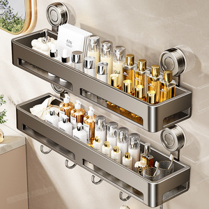 Estante de Baño con Succión, Doble Capa, 50x30cm, Rectangular, Color Gris Metálico, Organizador de Pared con Ganchos para Artículos de Aseo - Product Image 1