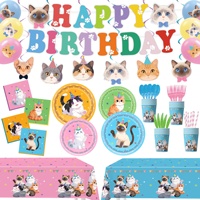 Ensemble de décoration d'anniversaire sur le thème du chat, avec assiettes en papier, bannières, ballons et vaisselle jetable, pour une fête amusante et mignonne