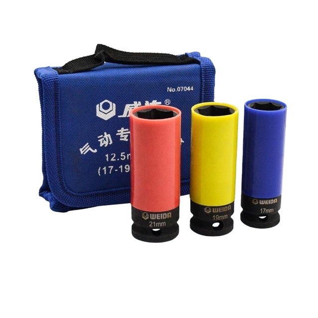WEIDA WH07044 3Pcs 1/2" Drive Cr-Mo Heavy Duty Thin Wall Wheel Protector Impact Socket Set for Car 17mm 19mm 21mm Tools
