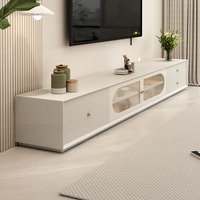 Mueble de TV Moderno y Minimalista, Color Crema, Mueble de Suelo para Sala de Estar, Mueble de TV Nórdico de Madera Maciza con Acabado Lacado de Lujo y Vidrio