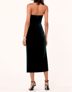 Estilos personalizados Vestido de noche para mujer Rich Black Velvet Sculptural Halter Side Split Dress