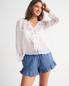 Leduo Customized Women Denim Ruffle Shorts <b>Elastic</b> Drawstring <b>Waist</b> Loose Summer Casual <b>Jean</b> Shorts - Product Image 1