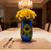 Vase en résine Art Déco de luxe avec motifs de tournesol et de tourbillons bleus - Vase à fleurs décoratif pour la décoration intérieure