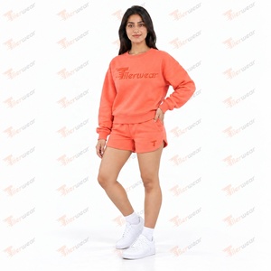 Ensemble short 2 pièces en polaire pour femme Tiierwear, col rond, imprimé lettres brodées, coupe décontractée, printemps-été, orange - Product Image 3