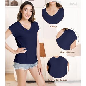 Camiseta de Dormir para Mujer, Cuello en V, Manga Corta, Tejido de Bambú y Algodón, Suave, Informal, Básica, de Verano - Product Image 4