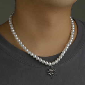 Collana Classica <span class=keywords><strong>con</strong></span> Perle per Uomo, Collane Uniche <span class=keywords><strong>con</strong></span> Ciondolo a Sole, Accessori di Gioielleria Maschile di Tendenza - Product Image 2