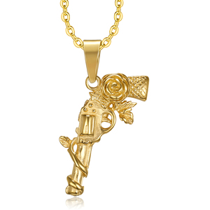 สร้อยคอปืนฮิปฮอป 18k ลายดอกกุหลาบ จี้รูปปืน สร้อยคอทองคำ เครื่องประดับสแตนเลส สร้อยคอปืนสำหรับผู้ชาย - Product Image 1