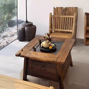 Mesa de té cuadrada de madera de olmo antiguo con almacenamiento para uso en exteriores - Product Image 3