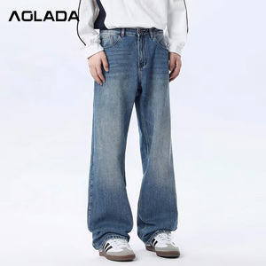 جينز مغسول مخصص للرجال بالجملة، جينز واسع الساق بقصة فضفاضة وحواف خام، بتصميم هيب هوب وستريت وير، بلون أزرق داكن باهت بالشمس، مستقيم وواسع الساقين. - Product Image 4