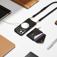 Étui de téléphone portable en cuir véritable de luxe avec logo personnalisé, porte-cartes magnétique détachable et bandoulière pour iPhone