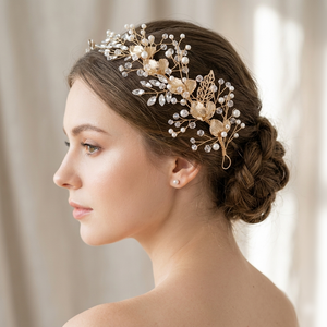 Serre-tête de mariée artisanal en feuille d'or, flexible, avec perles, style bohème, orné de cristaux floraux, pour mariées, demoiselles d'honneur et soirées de bal - Product Image 1