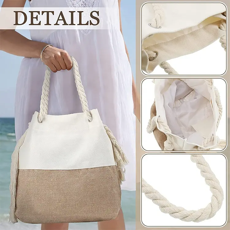 Özel Logo yaz bayanlar büyük kapasiteli özelleştirilebilir plaj halat kolu çuval çanta jüt tuval Tote çanta çin'den