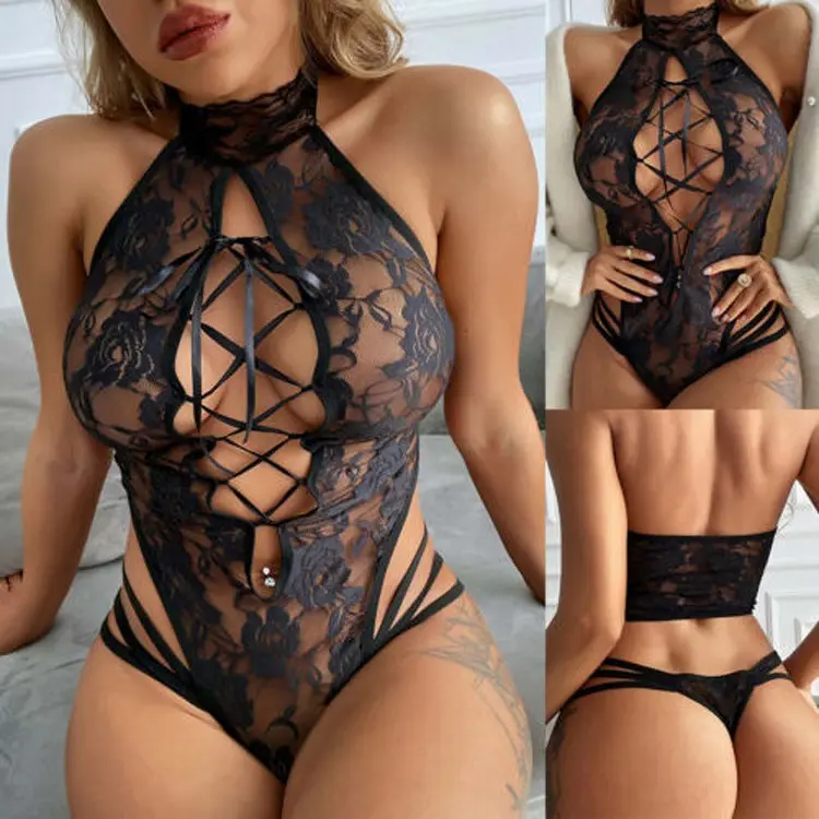 Women Hollow Out Lace One Piece Bodysuit Lingerie Bodysuit Mesh Babydoll