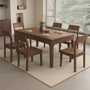 Juego de mesa y sillas de comedor de madera maciza de nogal negro sudamericano, 6 piezas, rectangular, duradero - Product Image 1