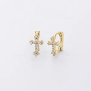 Anting-Anting Salib Lapis Emas Seri Religius 925 Perak Murni Anting-Anting Zirkon Hoop