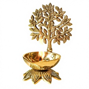 Hind Craft Living Brass Traditional Oil Lamp <b>Tree</b> Design Diya with Lotus Base Metal Handicraft for Diwali Religious Ceremony - Product Image 1