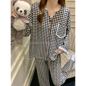 Pyjamas pour femmes, décontractés, printemps automne, doux, imprimé à carreaux, bordure en dentelle, vêtements de nuit amples et respirants, chemises de nuit OEM - Product Image 1
